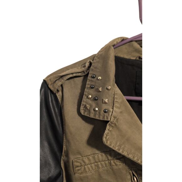 Faux Leather Motorcycle Jacket – Green Front with Studded Sleeves - Picture 2 of 4